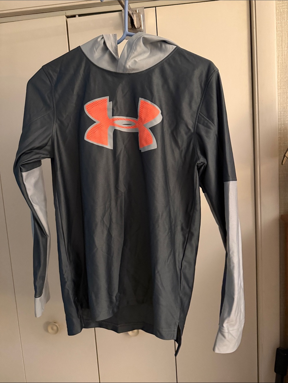 Under Armour Dark Gray Hoodie with Coral Logo and Light Gray Accents